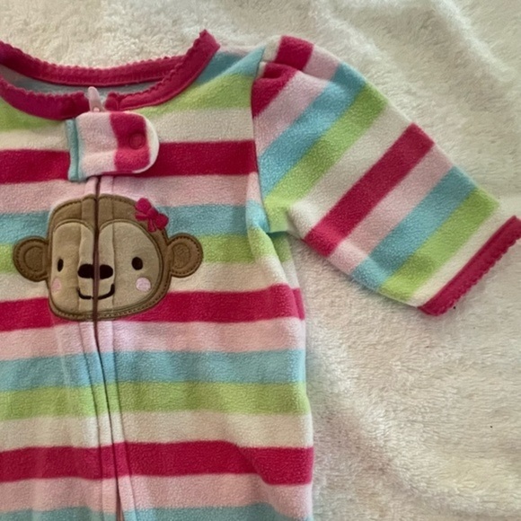 NWOT Newborn Carter’s pink blue green  stripe footed pajamas w/monkey graphic - Picture 3 of 10